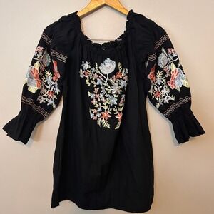 Free People Dress Womens Small Black Boho Floral Tunic Embroidered Off Shoulder